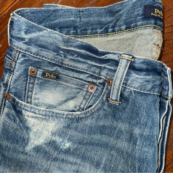 Polo By Ralph Lauren Varrick Slim Straight Koi Patchwork Distressed Jeans - Picture 8 of 14